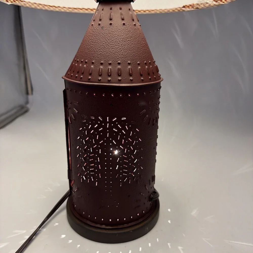 Vintage Primitive Punched Tin Willow Tree Table Lamp W/Homespun Check Shade
